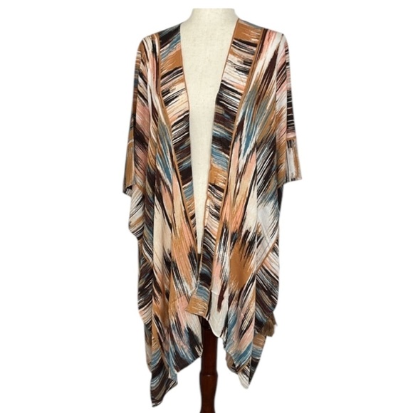 NWT Vince Camuto Cream Sand Multi Ikat V-Neck Tassels Boho Kimono Duster Sz OS - Picture 2 of 7